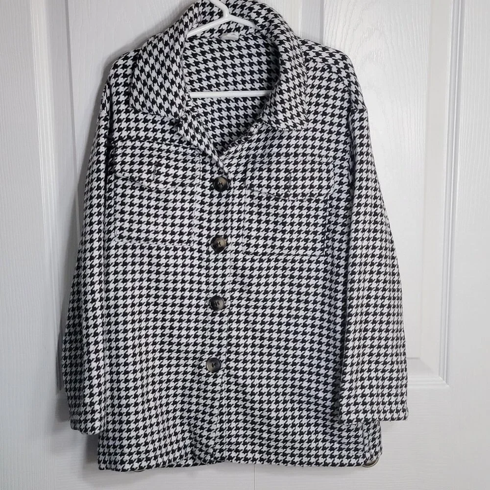 Girls Houndstooth Button Down Tweed Jacket Black White Size 7